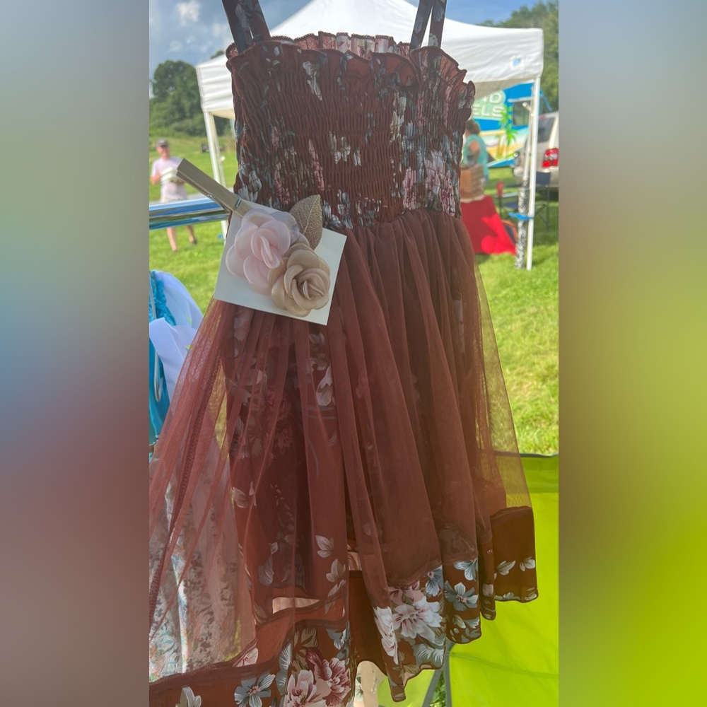 New Girls Rust Brown & Pink Floral Smocked Chiffon Dress & Hair Bow Set Size 4/5